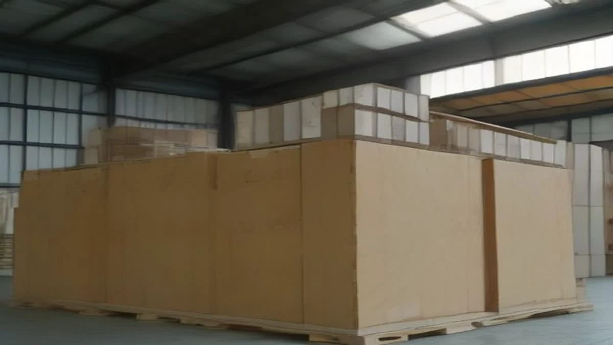 Photograph: medium shot of a modern warehouse aisle with neatly stacked cartons and a clipboard on a pallet